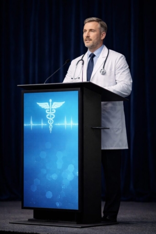 Digital podium με ενσωματωμένη οθόνη σε ιατρικό συνέδριο με ομιλητή σε επαγγελματικό περιβάλλον