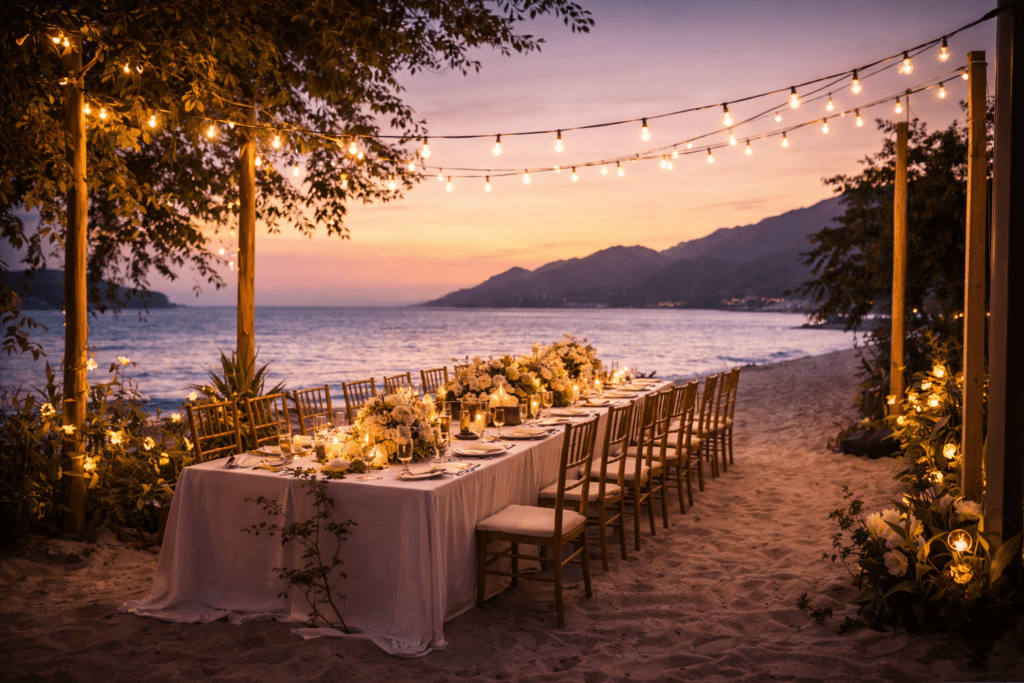 outdoor γάμος παραλία ηλιοβασίλεμα με φωτισμό και στολισμό τραπεζιών