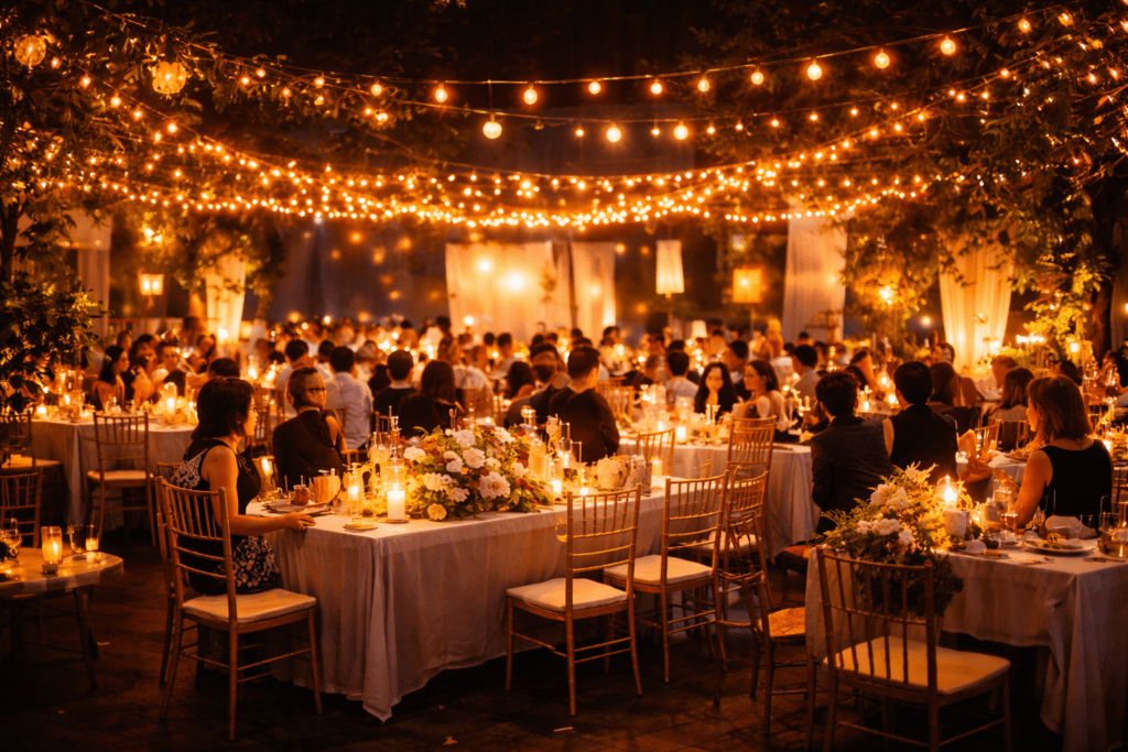 φωτισμός γάμου εξωτερικού χώρου με λαμπάκια και ατμοσφαιρικό design